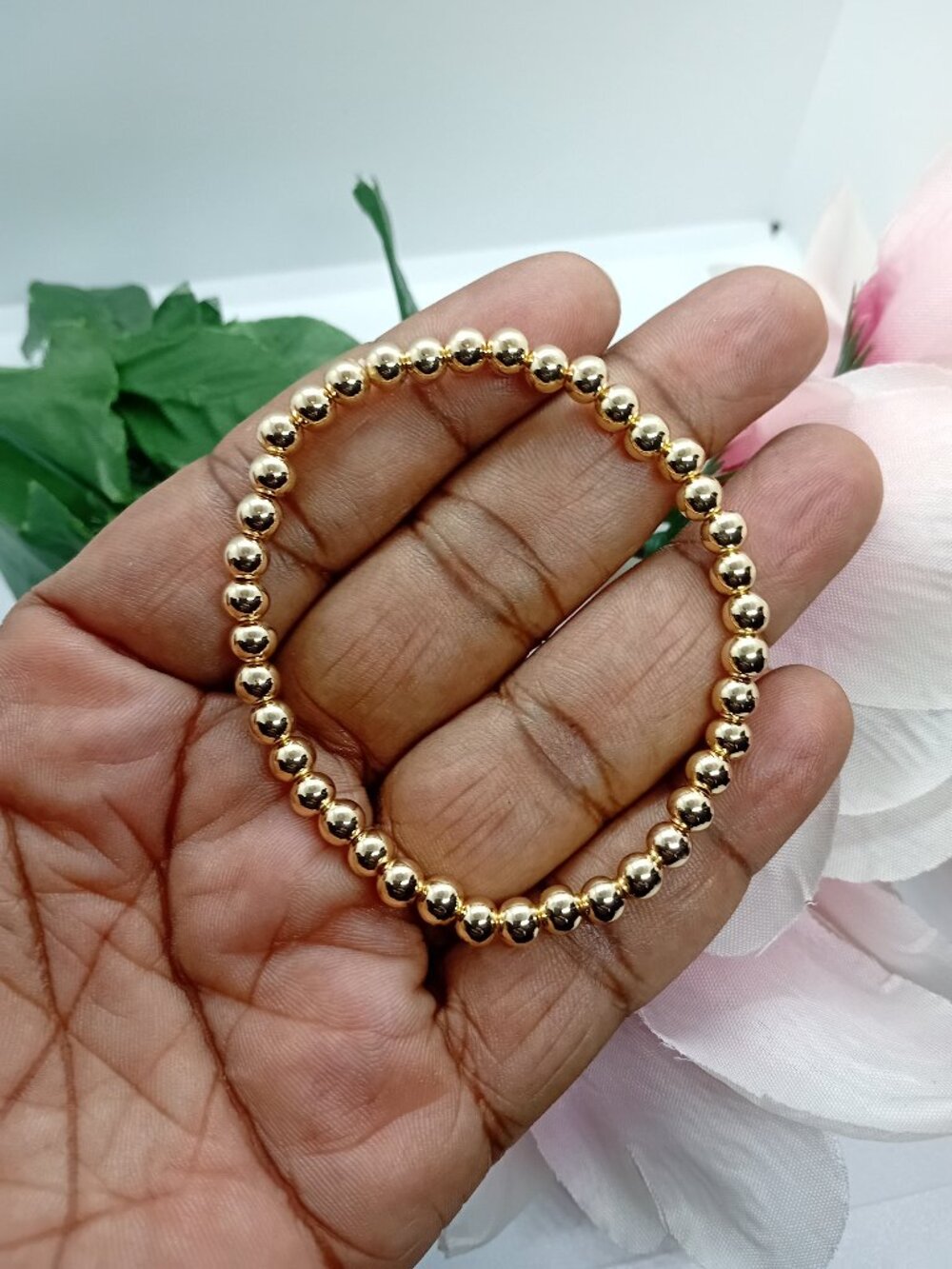 14K Gold Filled Bead Stretch Bracelet 5mm Women Size 6.5" to 7.5"